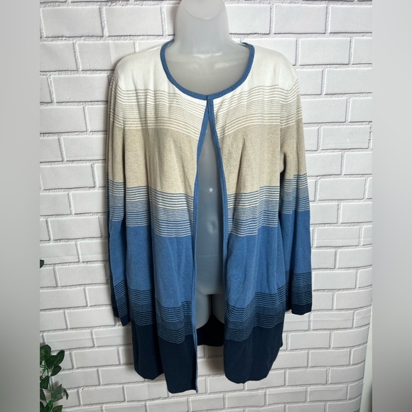 CHARTER CLUB Blue and Beige Striped Women's open cardigan /size L - Picture 2 of 9